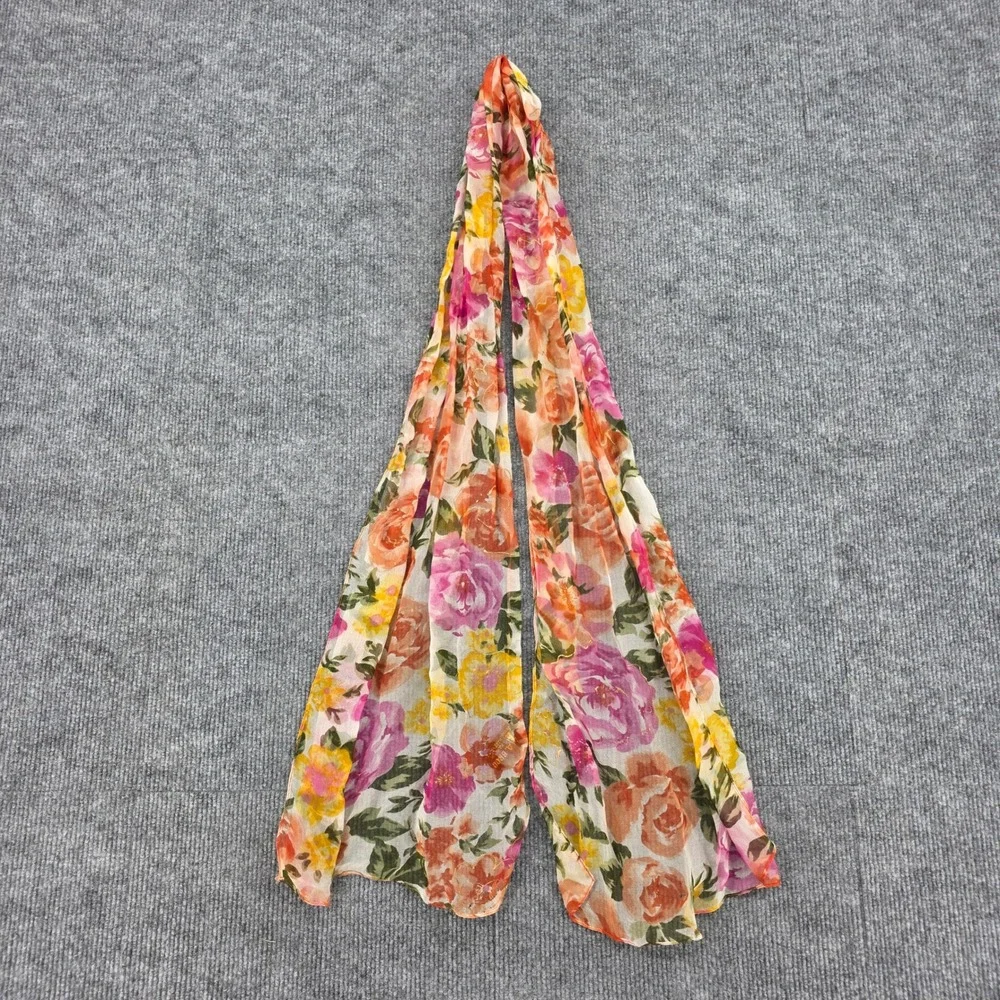 A. Brod Vintage Floral Sheer Scarf Gold Metallic Thread Pink Orange Yellow Wrap